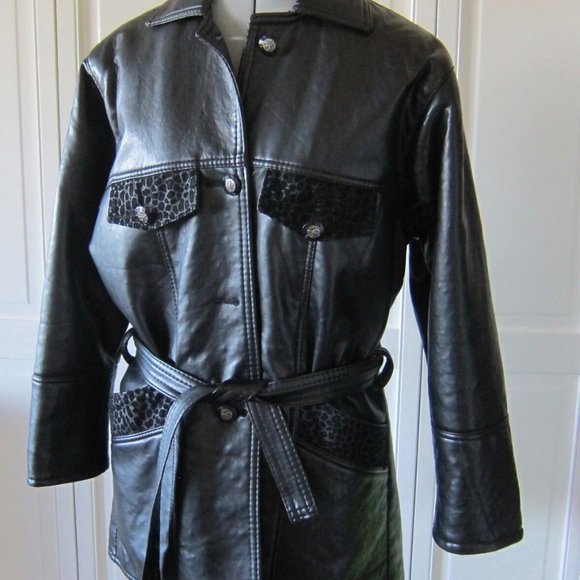 VINTAGE, GV HAND MADE IN ITALY BLACK, BELTED, FAUX LEATHER JACKET - WOMEN MEDIUM - Picture 1 of 10